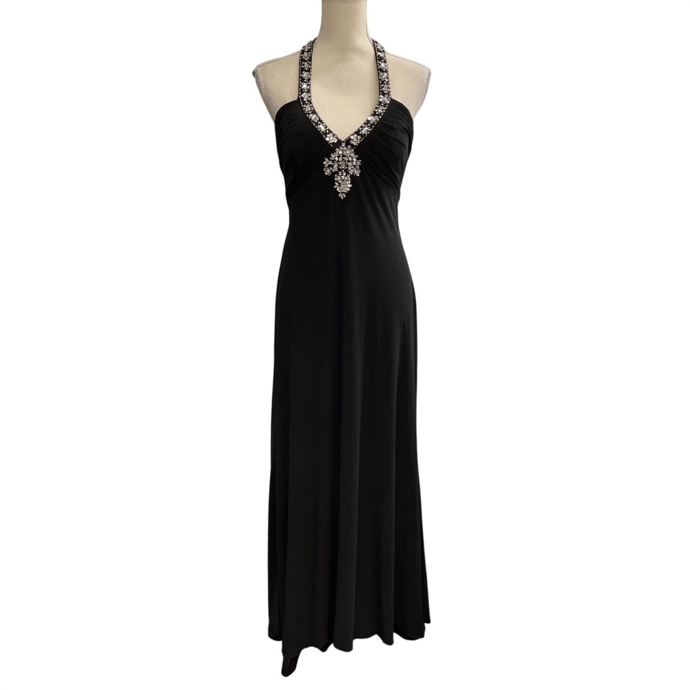 Vintage Betsey Adams Y2K Dress Gown Black Halter Beaded Sequin Jewel Maxi Event